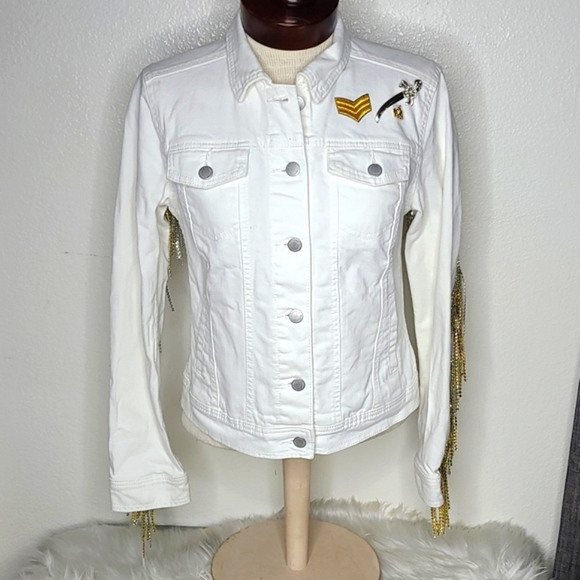 Jean Jacket Size Small White Denim Crystal Fringe Western Rodeo Cowgirl Unique - Picture 2 of 8
